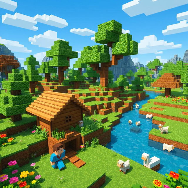 A vibrant and detailed Minecraft scene featuring a lush, green landscape with blocky trees, colorful flowers, and a clear blue sky