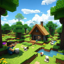 A vibrant and detailed Minecraft scene featuring a lush, green landscape with blocky trees, colorful flowers, and a clear blue sky