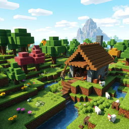 A vibrant and detailed Minecraft scene featuring a lush, green landscape with blocky trees, colorful flowers, and a clear blue sky