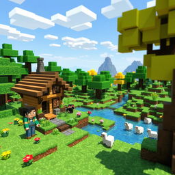 A vibrant and detailed Minecraft scene featuring a lush, green landscape with blocky trees, colorful flowers, and a clear blue sky