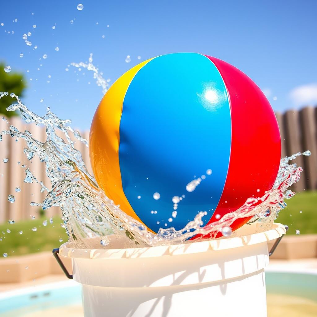 An action-packed scene depicting a colorful ball being pushed into a bucket