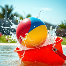 An action-packed scene depicting a colorful ball being pushed into a bucket