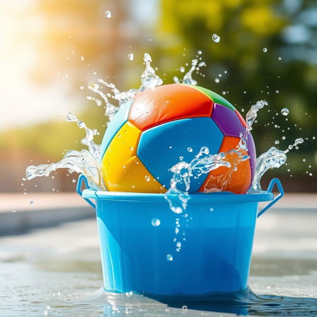 An action-packed scene depicting a colorful ball being pushed into a bucket