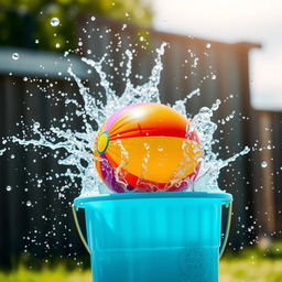 An action-packed scene depicting a colorful ball being pushed into a bucket