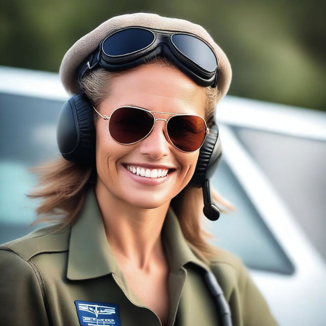 This is a high-quality, real-life photograph of the previously described woman now dressed as an attractive pilot