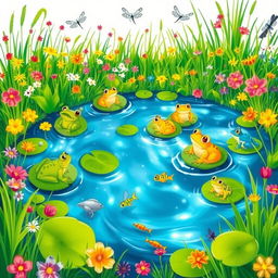 A vibrant and colorful illustration of a frog pond, teeming with life and lush greenery