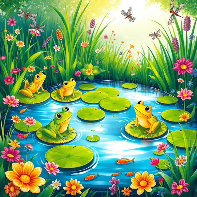 A vibrant and colorful illustration of a frog pond, teeming with life and lush greenery