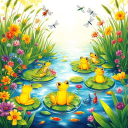 A vibrant and colorful illustration of a frog pond, teeming with life and lush greenery