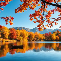 A serene autumn landscape featuring a tranquil lake surrounded by vibrant fall foliage