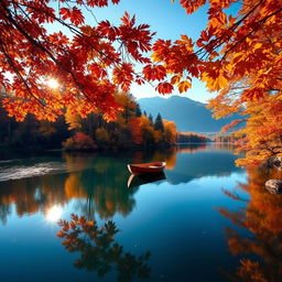 A serene autumn landscape featuring a tranquil lake surrounded by vibrant fall foliage
