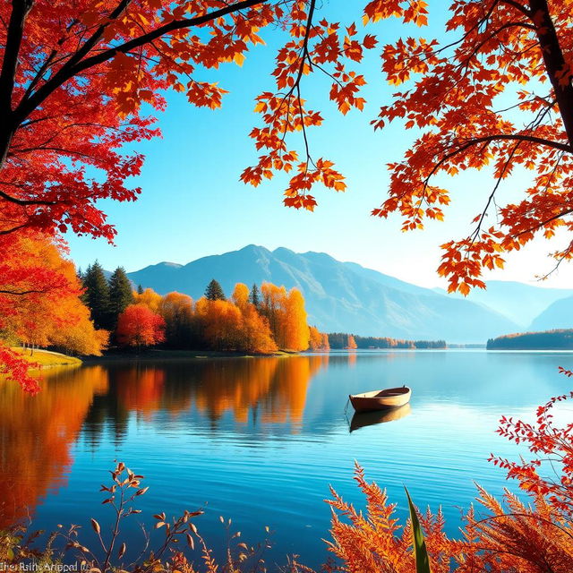 A serene autumn landscape featuring a tranquil lake surrounded by vibrant fall foliage