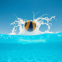 An exhilarating scene capturing a submerged ball as it rises powerfully above the surface of a sparkling blue swimming pool