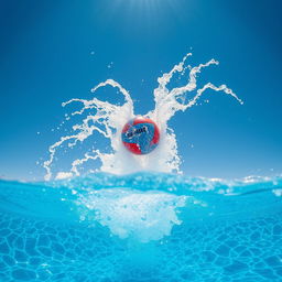 An exhilarating scene capturing a submerged ball as it rises powerfully above the surface of a sparkling blue swimming pool