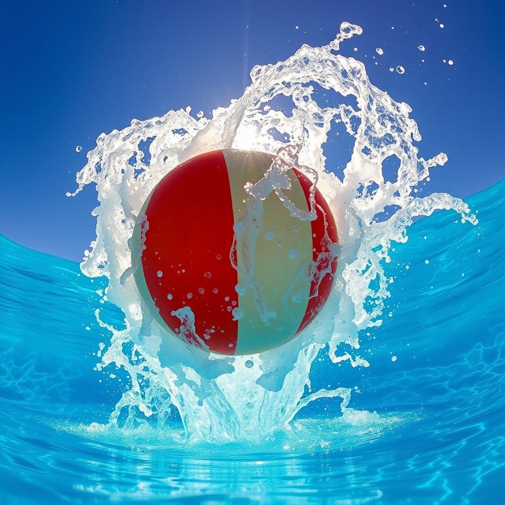 An exhilarating scene capturing a submerged ball as it rises powerfully above the surface of a sparkling blue swimming pool