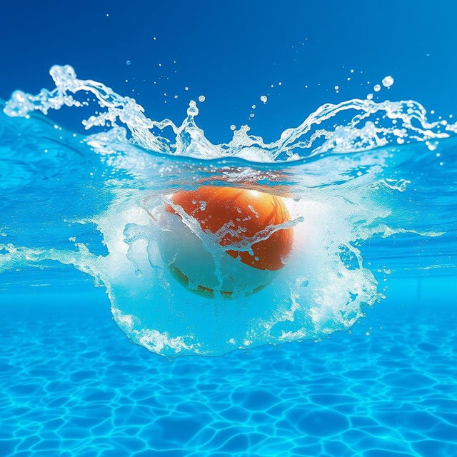 An exhilarating scene capturing a submerged ball as it rises powerfully above the surface of a sparkling blue swimming pool