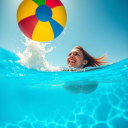 An enchanting scene featuring a beautiful woman playfully submerged in a sparkling blue swimming pool