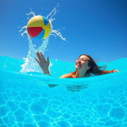 An enchanting scene featuring a beautiful woman playfully submerged in a sparkling blue swimming pool