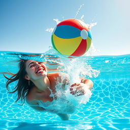 An enchanting scene featuring a beautiful woman playfully submerged in a sparkling blue swimming pool