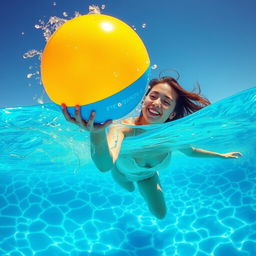 A captivating scene featuring a beautiful woman submerged in a crystal-clear swimming pool, playfully positioned beside a vibrant ball