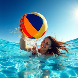 A captivating scene featuring a beautiful woman submerged in a crystal-clear swimming pool, playfully positioned beside a vibrant ball