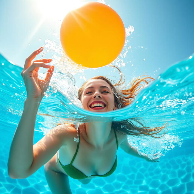 A captivating scene featuring a beautiful woman submerged in a crystal-clear swimming pool, playfully positioned beside a vibrant ball