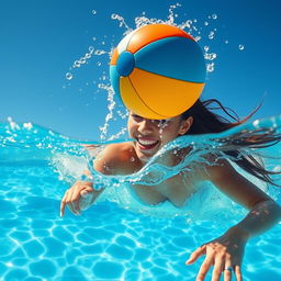 A captivating scene featuring a beautiful woman submerged in a crystal-clear swimming pool, playfully positioned beside a vibrant ball