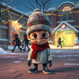 a whimsical 3D animated scene outside an empty school during winter, featuring Christmas decorations and twinkling lights