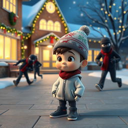 a whimsical 3D animated scene outside an empty school during winter, featuring Christmas decorations and twinkling lights