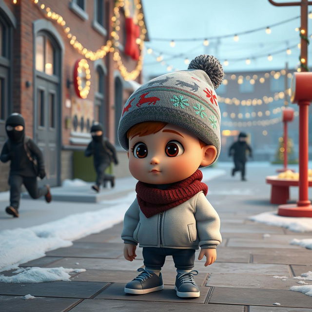 a whimsical 3D animated scene outside an empty school during winter, featuring Christmas decorations and twinkling lights