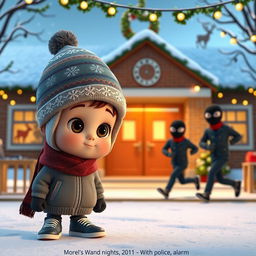 a whimsical 3D animated scene outside an empty school during winter, featuring Christmas decorations and twinkling lights