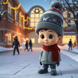 a whimsical 3D animated scene outside an empty school during winter, illuminated with Christmas decorations and twinkling lights