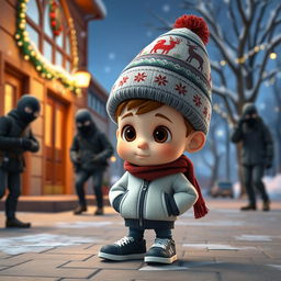 a whimsical 3D animated scene outside an empty school during winter, illuminated with Christmas decorations and twinkling lights
