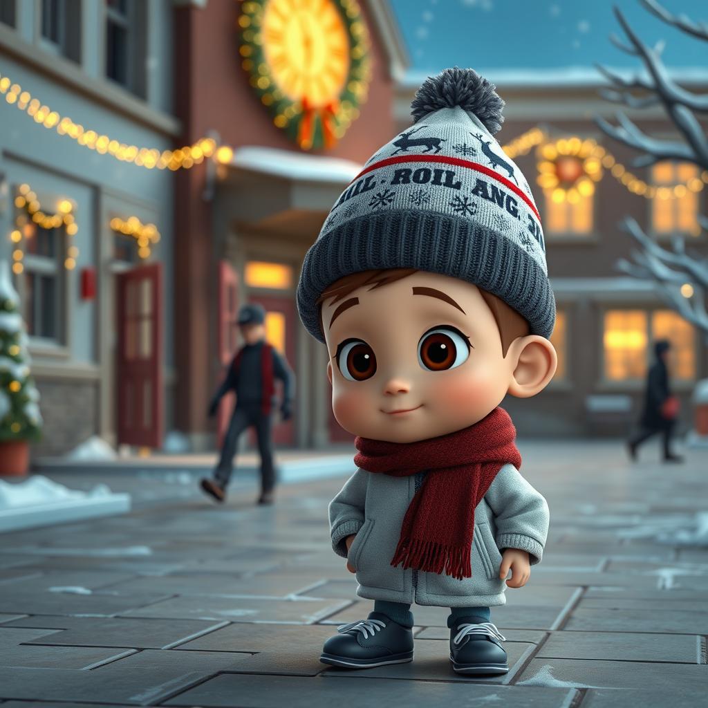 a whimsical 3D animated scene outside an empty school during winter, illuminated with Christmas decorations and twinkling lights