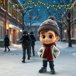 a whimsical 3D animated scene outside an empty school during winter, illuminated with Christmas decorations and twinkling lights