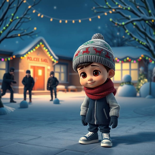 a whimsical 3D animated scene depicting a quiet winter night outside an empty school, adorned with sparkling Christmas decorations and colorful lights