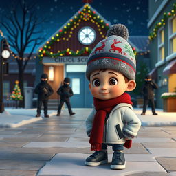 a whimsical 3D animated scene depicting a quiet winter night outside an empty school, adorned with sparkling Christmas decorations and colorful lights