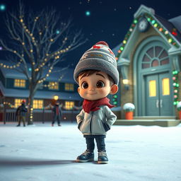 a whimsical 3D animated scene depicting a quiet winter night outside an empty school, adorned with sparkling Christmas decorations and colorful lights