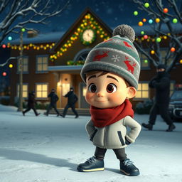 a whimsical 3D animated scene depicting a quiet winter night outside an empty school, adorned with sparkling Christmas decorations and colorful lights