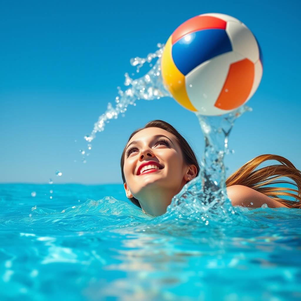 A stunning scene depicting a beautiful woman partially submerged in a sparkling blue swimming pool, gazing up with excitement as a vibrant ball rises strongly above the water's surface
