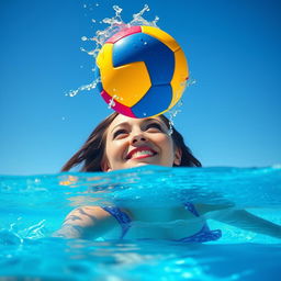 A stunning scene depicting a beautiful woman partially submerged in a sparkling blue swimming pool, gazing up with excitement as a vibrant ball rises strongly above the water's surface