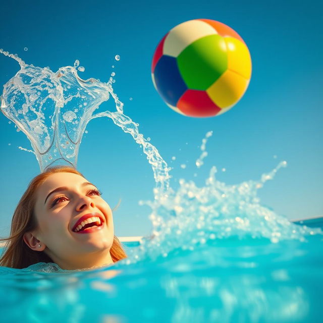 A stunning scene depicting a beautiful woman partially submerged in a sparkling blue swimming pool, gazing up with excitement as a vibrant ball rises strongly above the water's surface