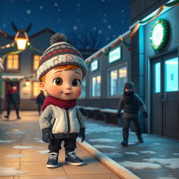 a whimsical 3D animated scene depicting a quiet winter night outside an empty school, adorned with festive Christmas decorations and glowing lights