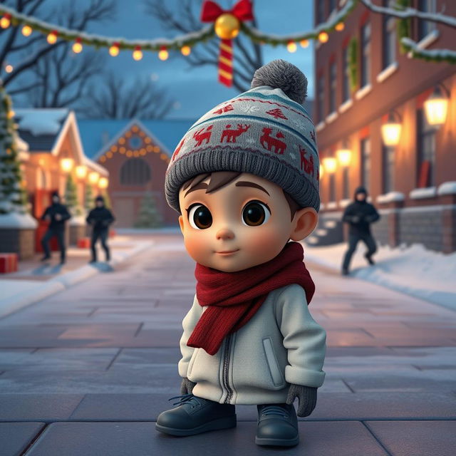 a whimsical 3D animated scene depicting a quiet winter night outside an empty school, adorned with festive Christmas decorations and glowing lights