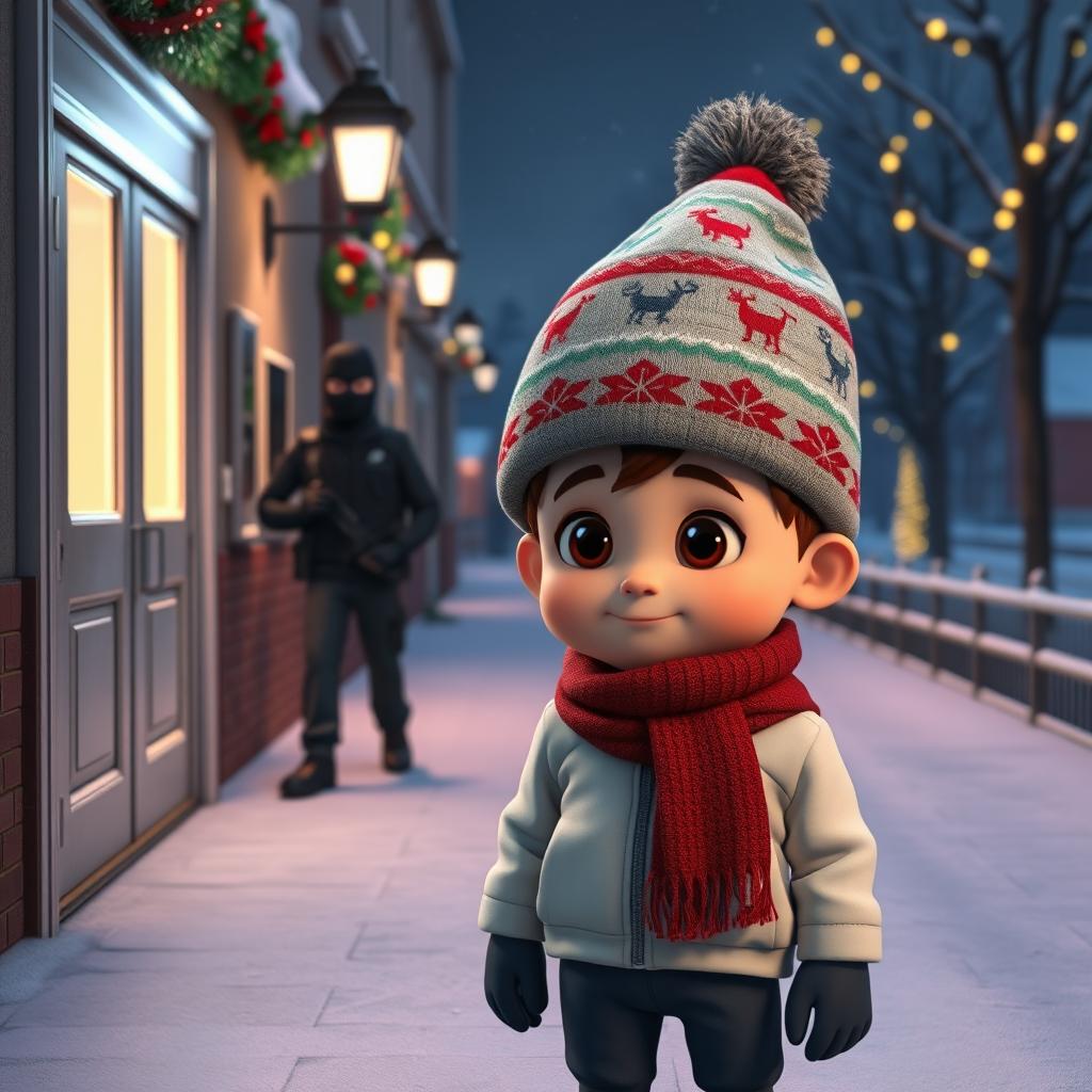 a whimsical 3D animated scene depicting a quiet winter night outside an empty school, adorned with festive Christmas decorations and glowing lights