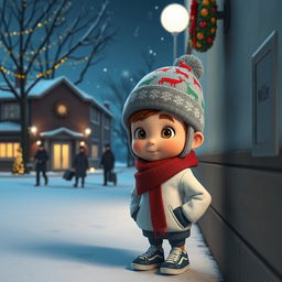 a whimsical 3D animated scene depicting a quiet winter night outside an empty school, adorned with festive Christmas decorations and glowing lights