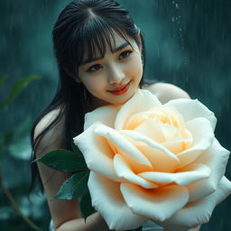 A beautiful Korean woman with an elegant appearance sitting atop a large blooming white rose, glancing softly at the camera with a gentle smile
