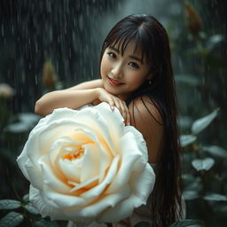 A beautiful Korean woman with an elegant appearance sitting atop a large blooming white rose, glancing softly at the camera with a gentle smile