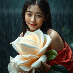 A beautiful Korean woman with an elegant appearance sitting atop a large blooming white rose, glancing softly at the camera with a gentle smile