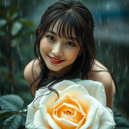 A beautiful Korean woman with an elegant appearance sitting atop a large blooming white rose, glancing softly at the camera with a gentle smile