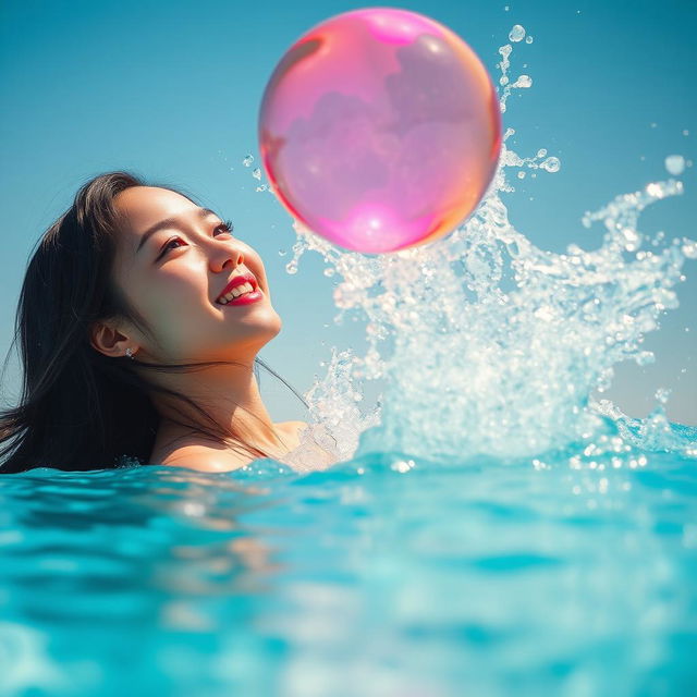 A captivating scene depicting a beautiful Korean woman partially submerged in a sparkling blue swimming pool, her expression filled with wonder as she gazes up at a vibrant ball that is rising powerfully above the water's surface